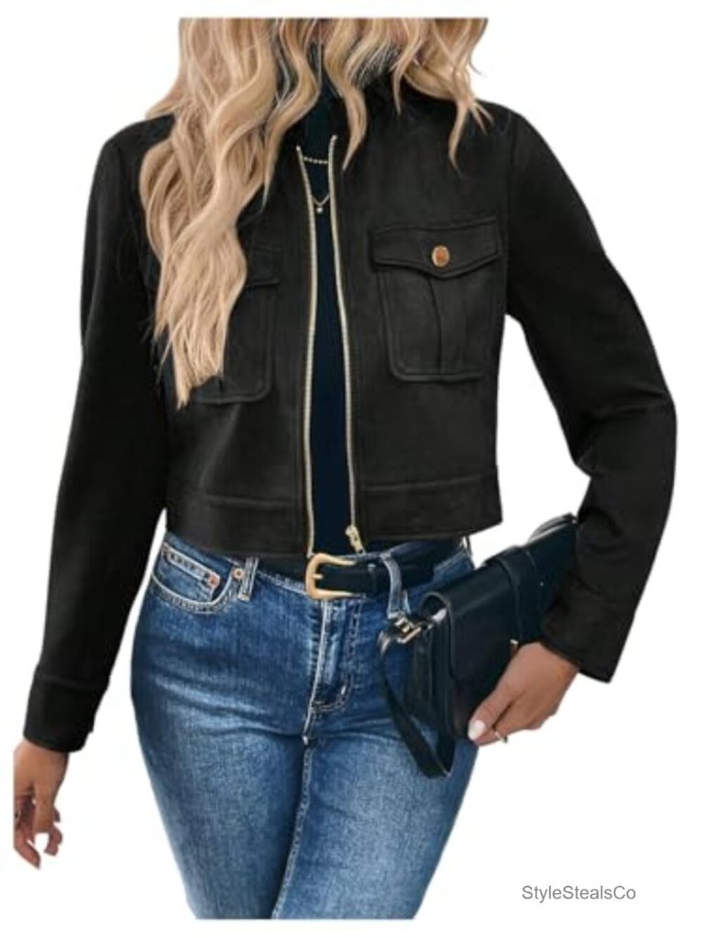 Faux Suede Motorcycle Cargo Jacket Mock Neck Crop